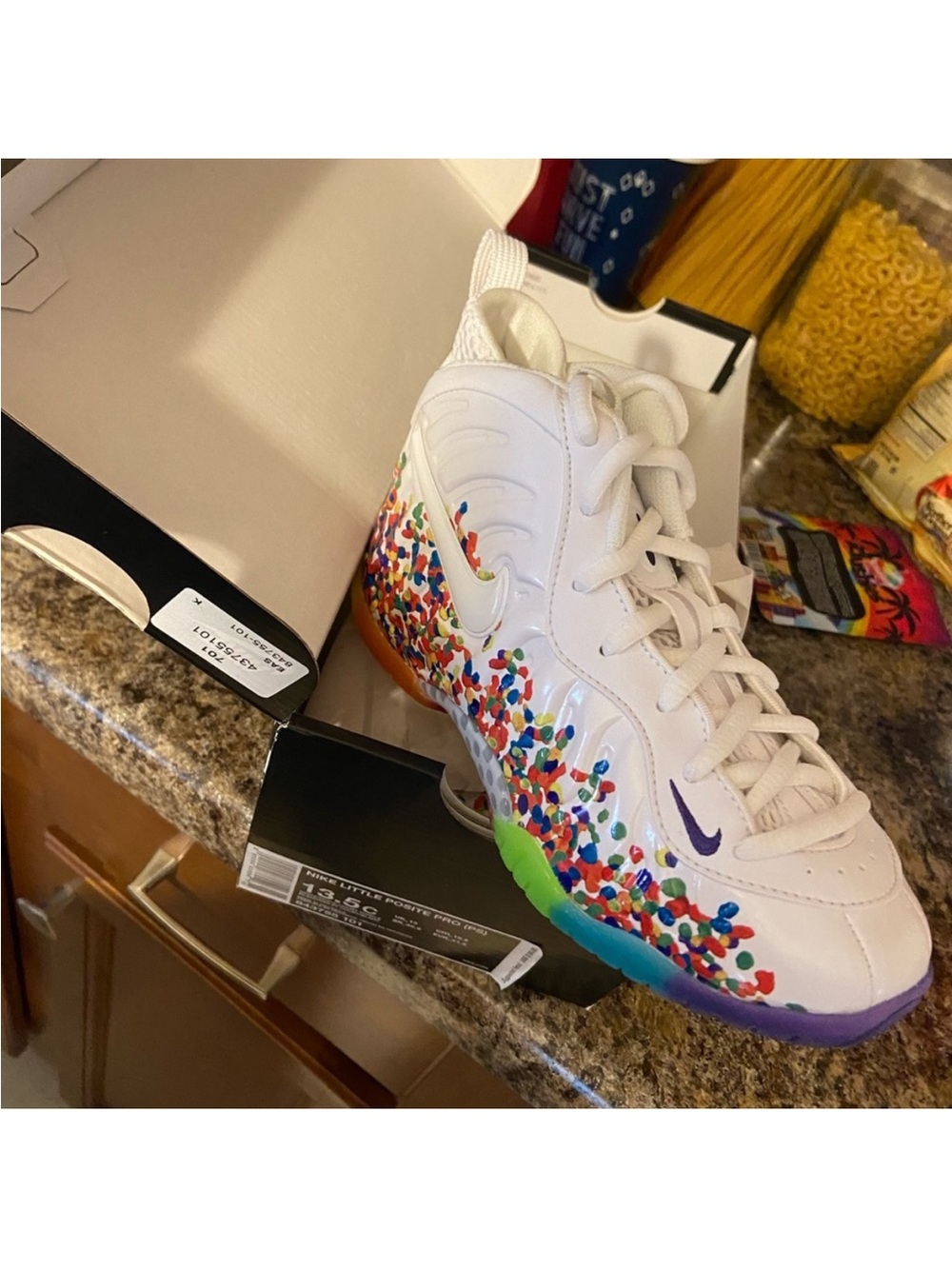 Nike fruity pebble foams..White Multicolor Confetti Nike Basketball Shoe❤️🧡💛💚💙